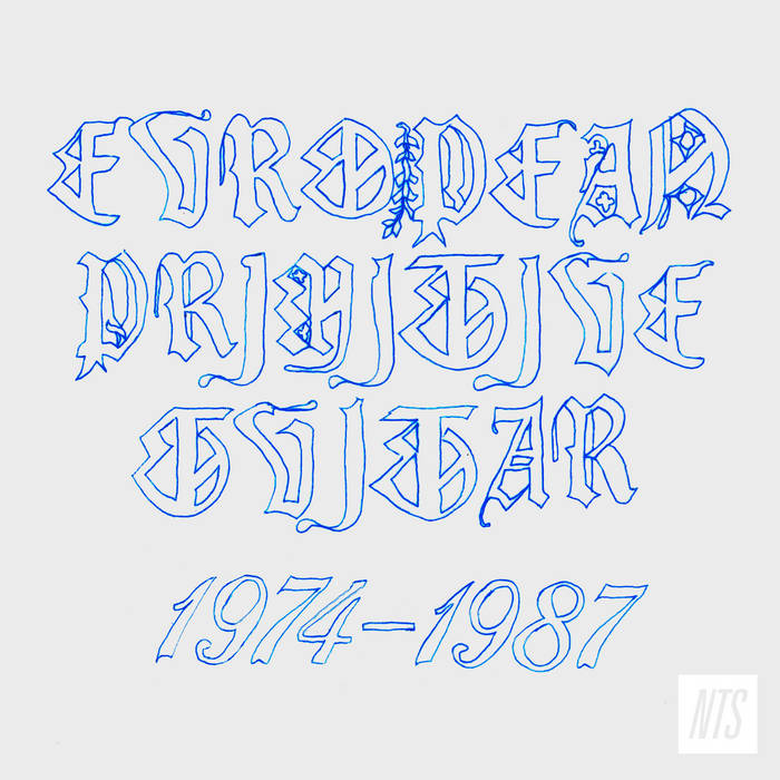 Stylized blue gothic text on a white background reads: “European Primitive Guitar - 1974 - 1987.” The Tandem Coffee Roasters logo is in the lower right corner.