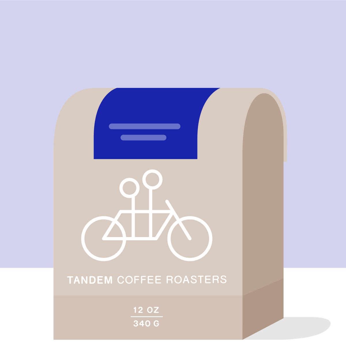A beige coffee bag with a blue label features a white tandem bicycle illustration. The text reads Tandem Coffee Roasters and 12 oz (340 g), highlighting Faver Ninco - Santa Maria, Huila, Colombia for a unique and flavorful experience.