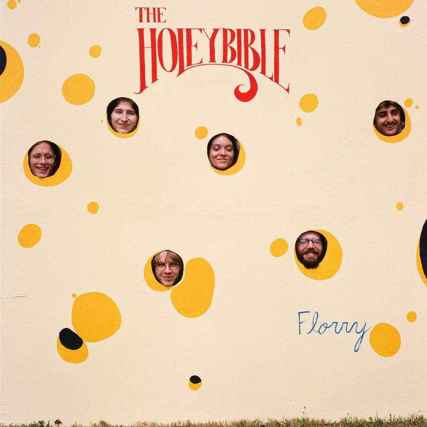 A playful image showcasing a dotted wall labeled "Florry - The Holey Bible" with six people peeking through circular cutouts, and the word "Tandem Coffee Roasters" in blue at the bottom right. This whimsical scene is reminiscent of a Philadelphia-based band's album cover.