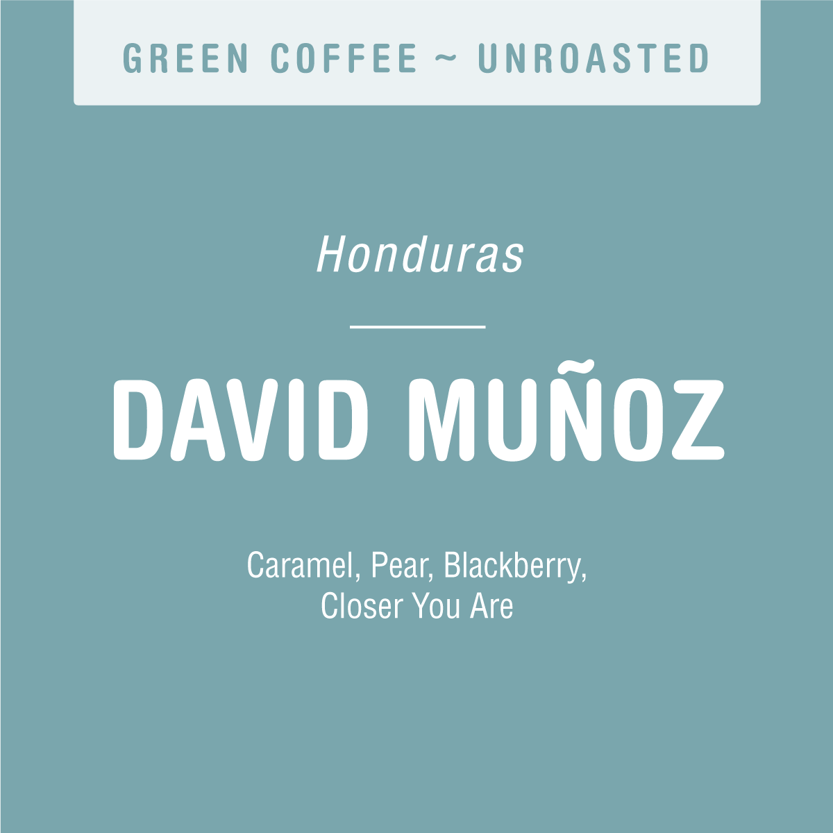 A blue label reads: GREEN COFFEE ~ UNROASTED, Honduras, David Muñoz (GREEN) by Tandem Coffee Roasters, with tasting notes of caramel, pear, blackberry, and Closer You Are—highlighting Pacas coffee in specialty quality.
