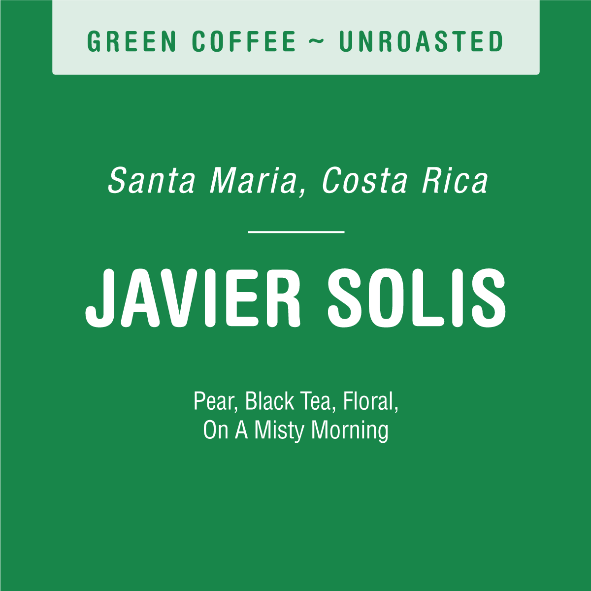 Green label for unroasted Javier Solis Honey (GREEN) coffee by Tandem Coffee Roasters. Sourced from high-elevation Santa Maria, Tarrazu, Costa Rica, it offers pear, black tea, and floral notes on a misty morning.