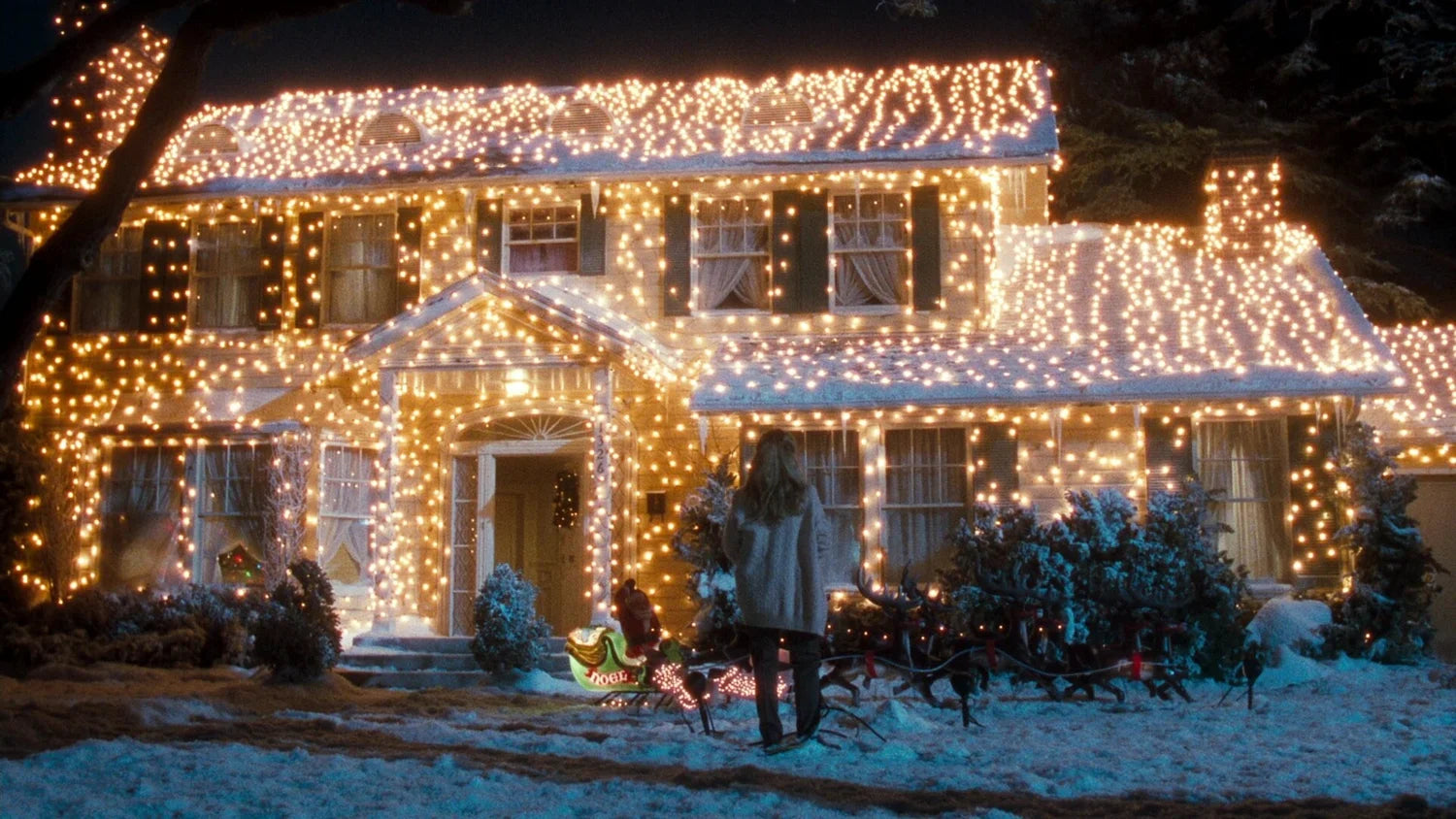 House decorated with Christmas lights in a snowy landscape