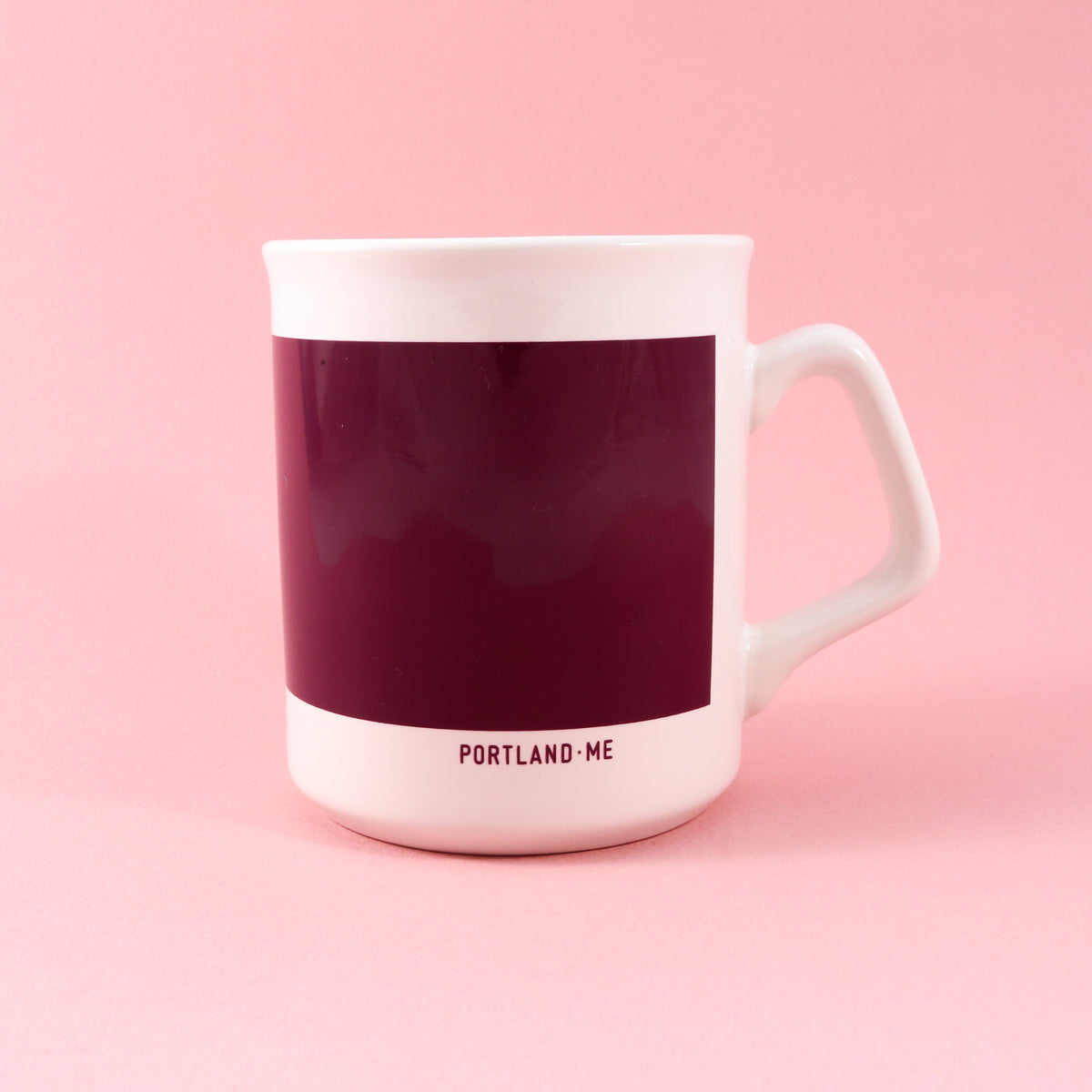 Good Stuff Mug #15, a white ceramic coffee mug featuring a dark red square on the front and the text PORTLAND ME at the base.