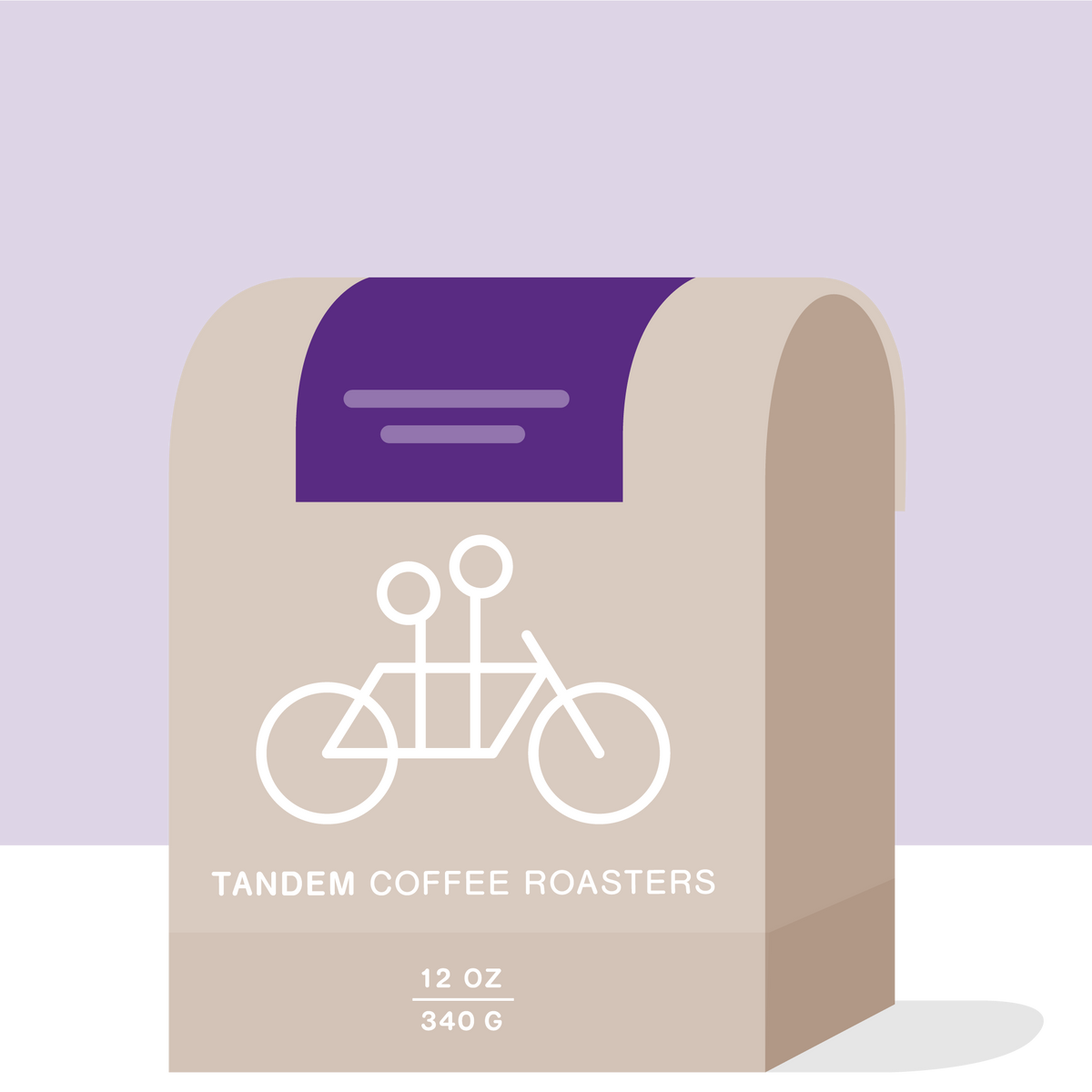 A beige bag of Tandem Coffee Roasters Heri Agena - Ethiopia coffee featuring a white line drawing of two people on a tandem bicycle, with a purple label at the top and text indicating 12 ounces and 340 grams of Sidama coffee.