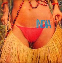 Close-up of a person in a red bikini bottom, beaded necklace, and straw skirt. "Gal Costa - India" by Tandem Coffee Roasters is written in blue text across the image.