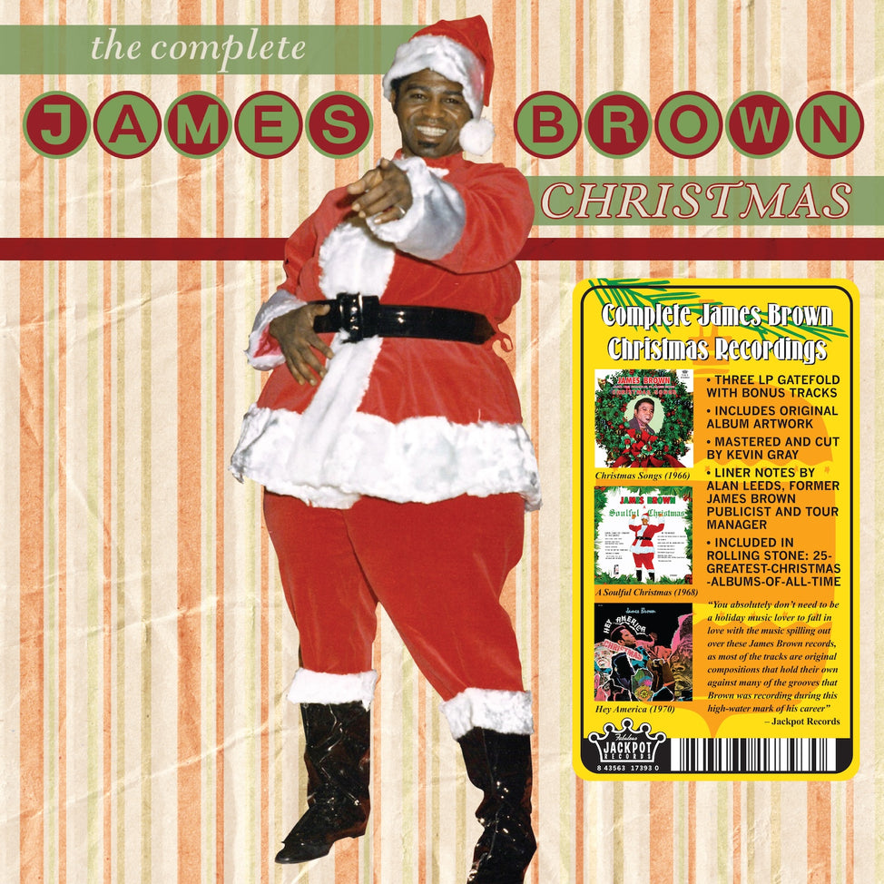 The album cover features a man dressed as Santa Claus, joyfully pointing outward and smiling, with the title "The Complete James Brown Christmas" prominently displayed. A yellow section details the album's content and tracklist. Embracing a soulful Christmas vibe, the cover's festive background is adorned with green and red accents. The album is brought to you by Tandem Coffee Roasters.