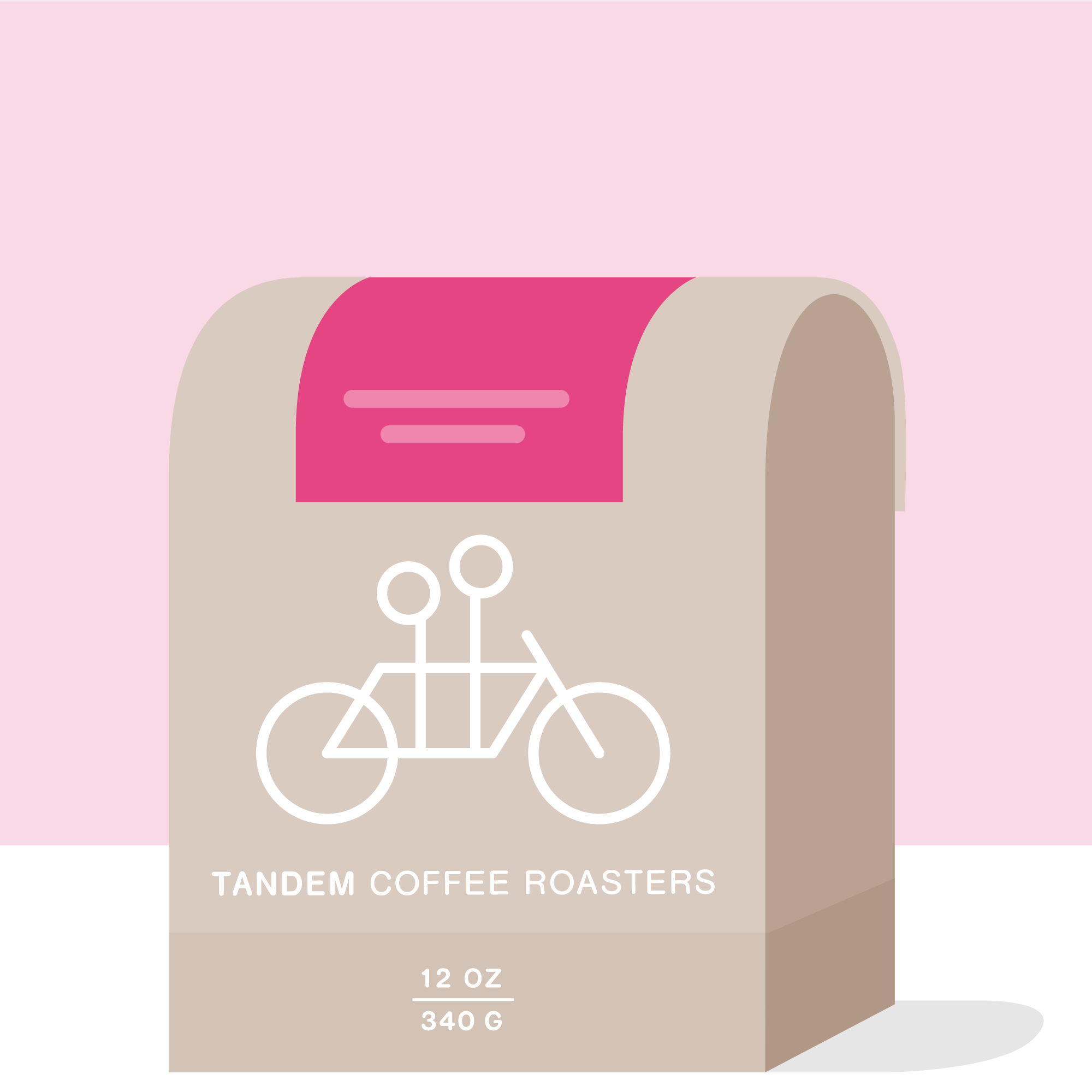 A light brown 12 oz (340 g) coffee bag from Tandem Coffee Roasters, labeled Kamwangi - Kenya, features a pink label with a white tandem bicycle illustration and sits against a pink and white background.
