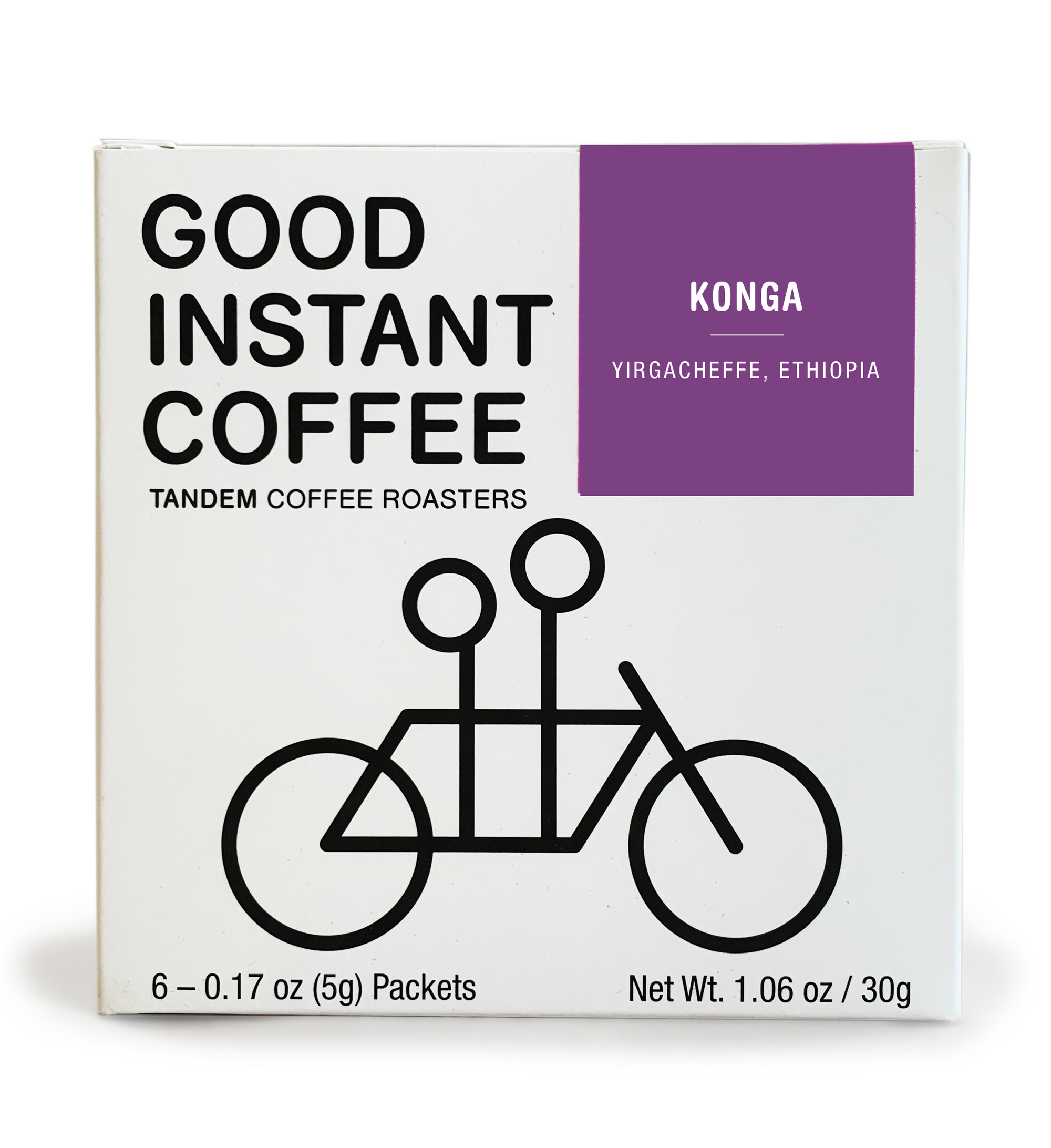 Sentence with replaced product: A square package of Ethiopia - Instant Coffee - 6 Pack labeled "konga yirgacheffe, ethiopia" by Tandem Coffee Roasters, perfect for camping, featuring a simple, graphic illustration of a tandem
