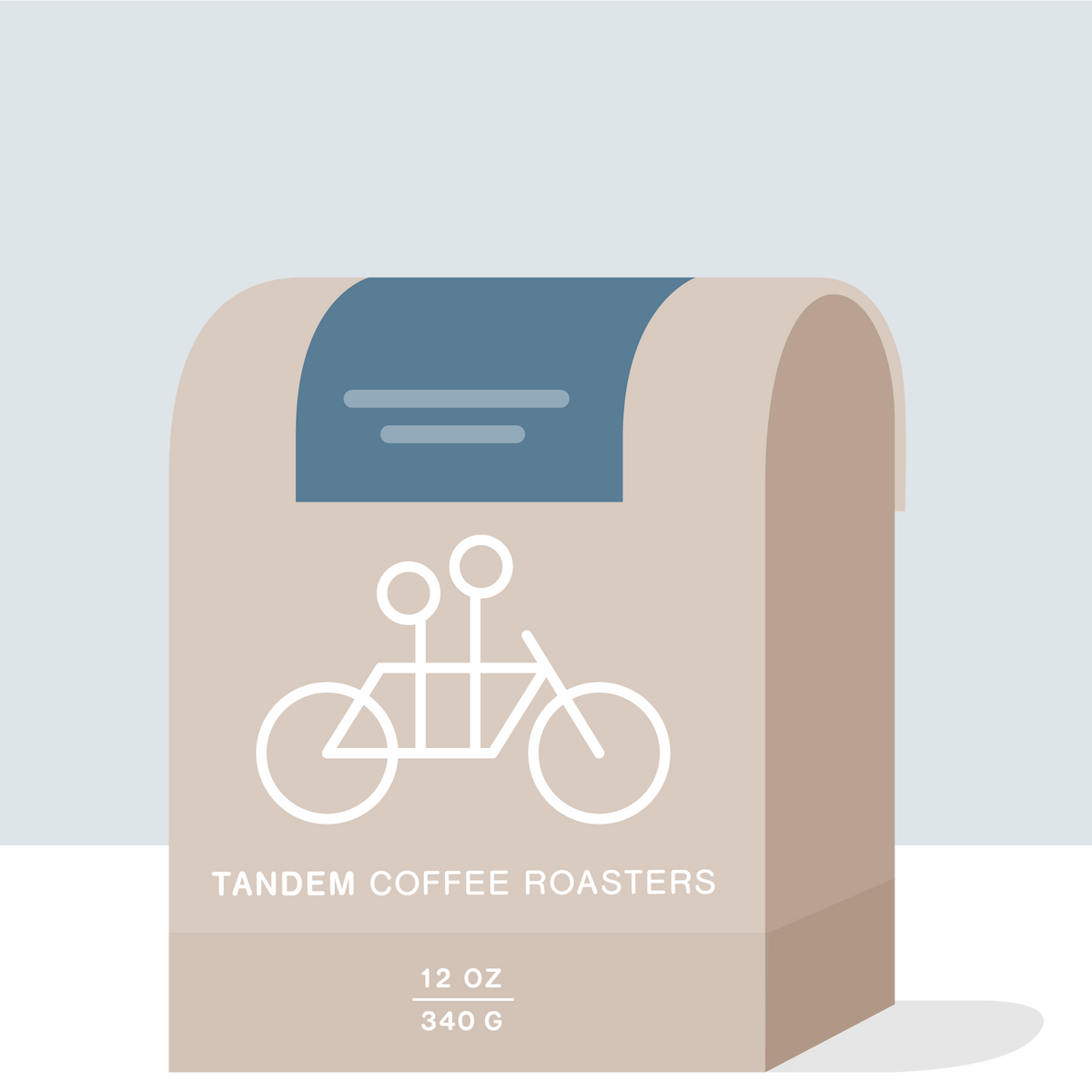 Illustration of a light brown paper coffee bag of La Muralla - Colombia with a bicycle logo labeled "Tandem Coffee Roasters" and a weight note of "12 oz, 340 g". The background is grey-blue.