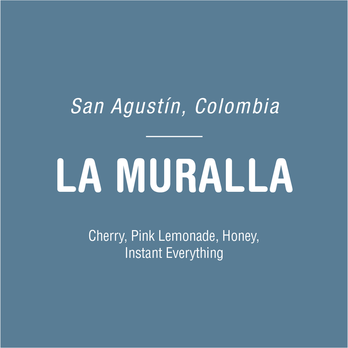 Graphic image with text on a blue background, featuring the words "San Agustín coffee, Colombia" and "Tandem Coffee Roasters" in larger font, followed by "cherry, pink lemon
