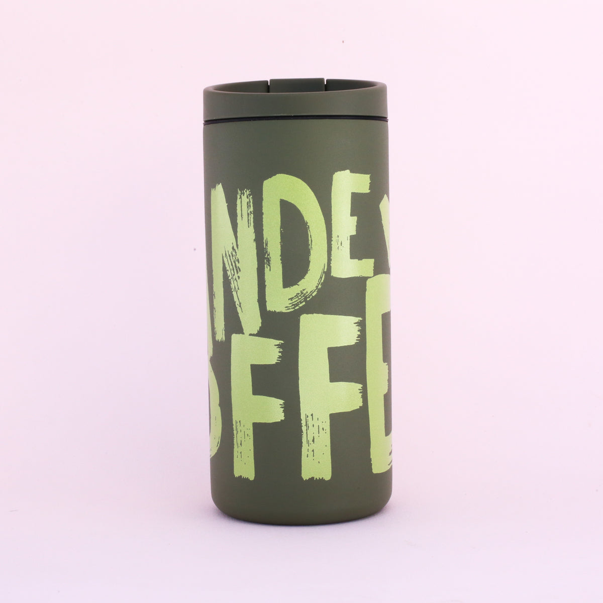 Olive green MiiR Painted Mug with light green text that reads TANDEM COFFEE.