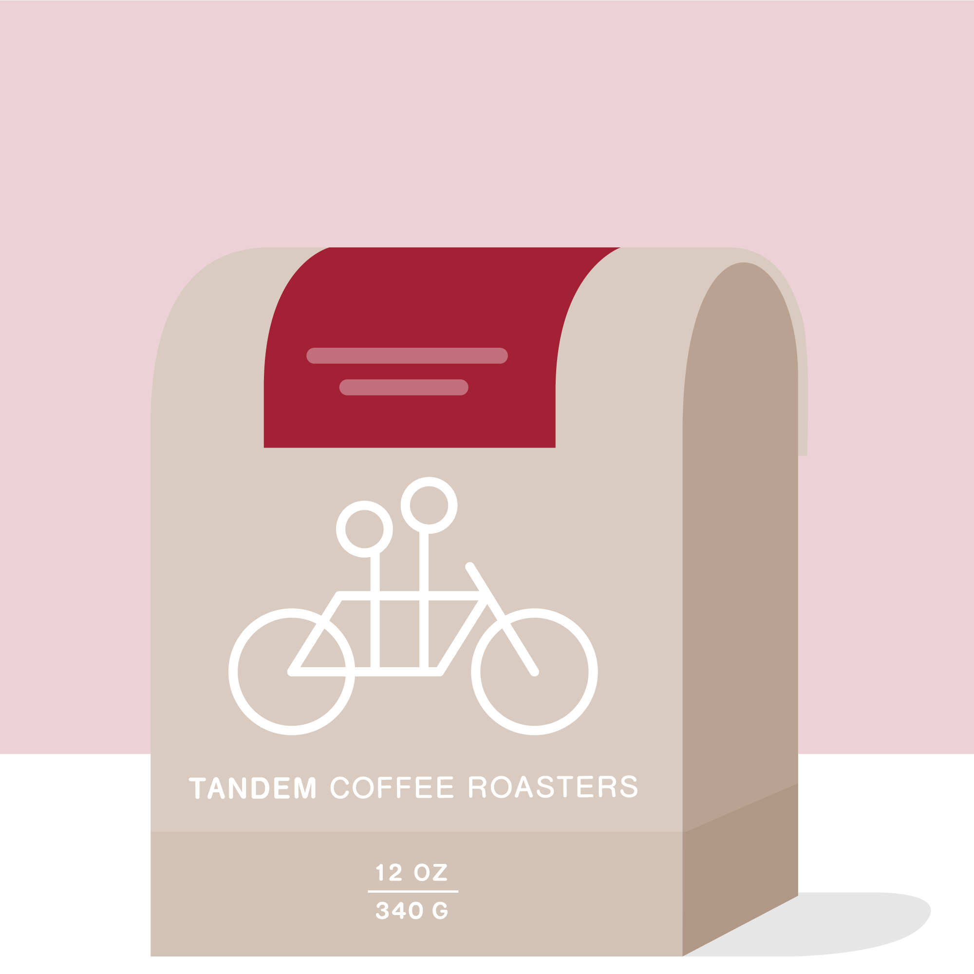 A flat-designed image of a beige Shyira - Rwanda coffee bag from Tandem Coffee Roasters with a tandem bicycle icon, situated against a dark red background. The bag is labeled "12 oz 340