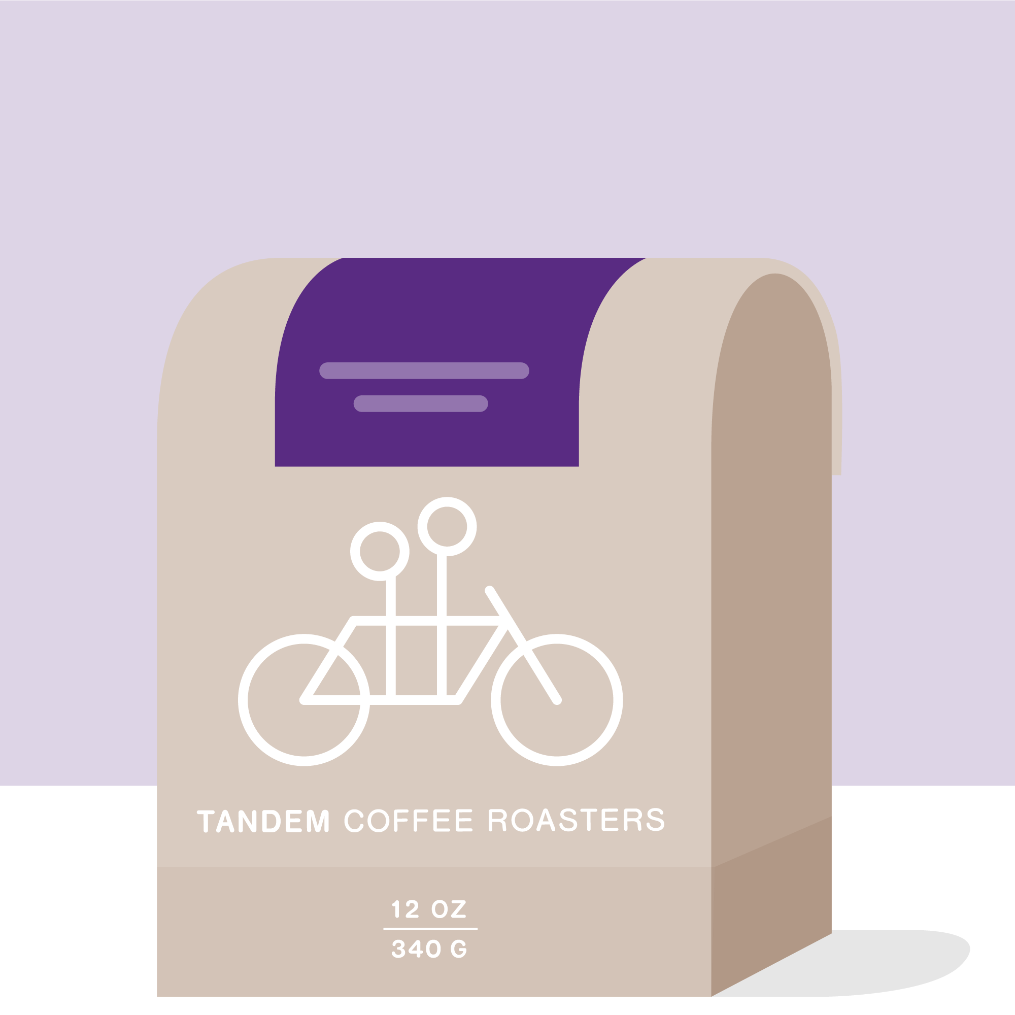 A beige coffee bag labeled Tagel Alemayehu - Ethiopia from Tandem Coffee Roasters features a simple white bicycle illustration, "12 OZ" and "340 G" at the bottom, and a purple rectangular accent near the top.