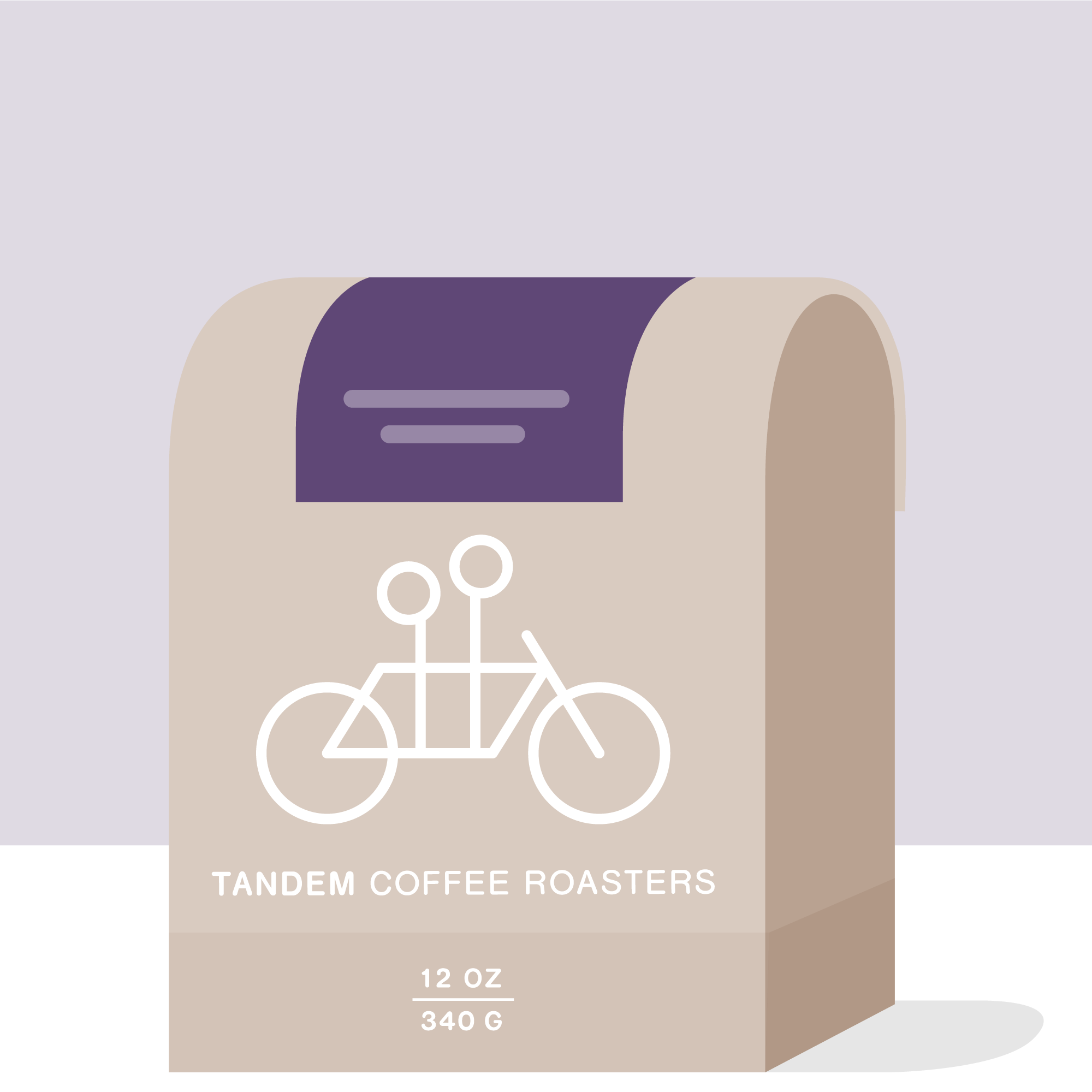 A beige 12 oz (340 g) bag of Tandem Coffee Roasters’ Tima - Ethiopia, featuring a tandem bike illustration, sits against a purple background. This natural coffee is sourced from the renowned Weessi washing station.