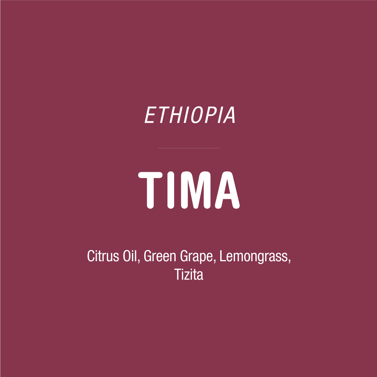 Text on maroon background reads: Tima – Guji, Ethiopia Citrus Oil, Green Grape, Lemongrass, Tizita. This washed lot from Guji highlights the vibrant character of Ethiopian coffee. The words are centered and in white font, with TIMA in larger bold letters. Tandem Coffee Roasters branding is also present.