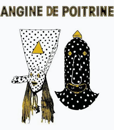 Two abstract, polka-dotted figures with masks and yellow triangles stand side by side under “Angine De Poitrine - Vol I” by Tandem Coffee Roasters, resembling bold hotel guests in tassels.