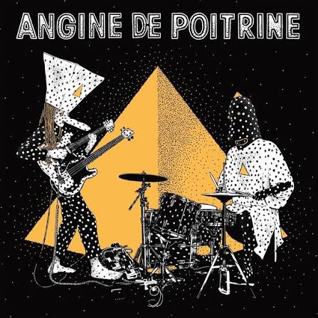 Two abstract, dotted figures with triangle heads play guitar and drums before a large orange triangle. Angine De Poitrine - Vol II by Tandem Coffee Roasters is at the top on a black, starry background.