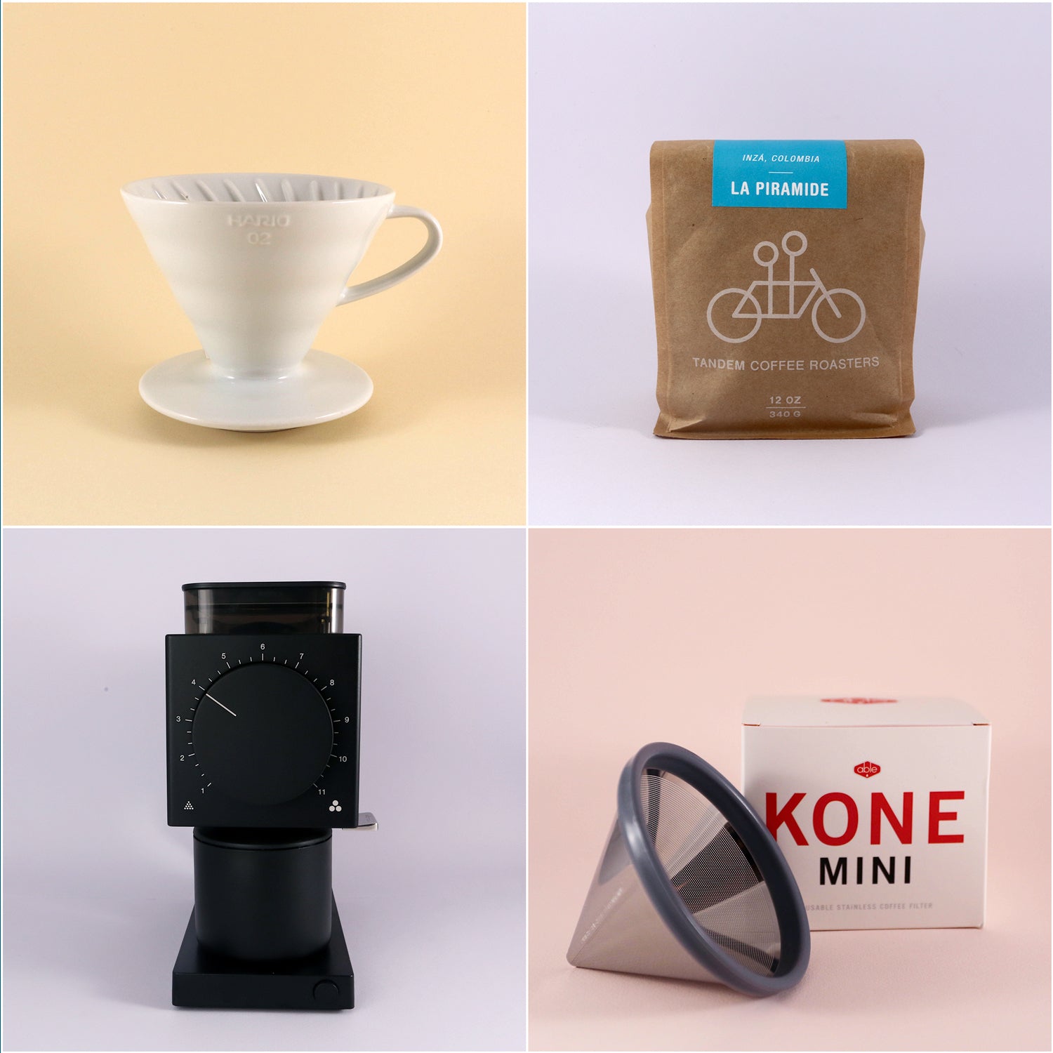 Collage of four images: top left is text "Tandem Coffee Roasters V60 Deluxe Kit", top right is a white coffee dripper, bottom left is a bag of coffee beans labeled "freshly roasted