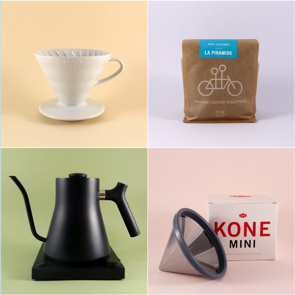 Collage of four images featuring coffee brewing tools: top left, a white ceramic Tandem Coffee Roasters V60 Deluxe Kit; top right, a brown bag of freshly roasted La Piramide coffee beans; bottom left, a