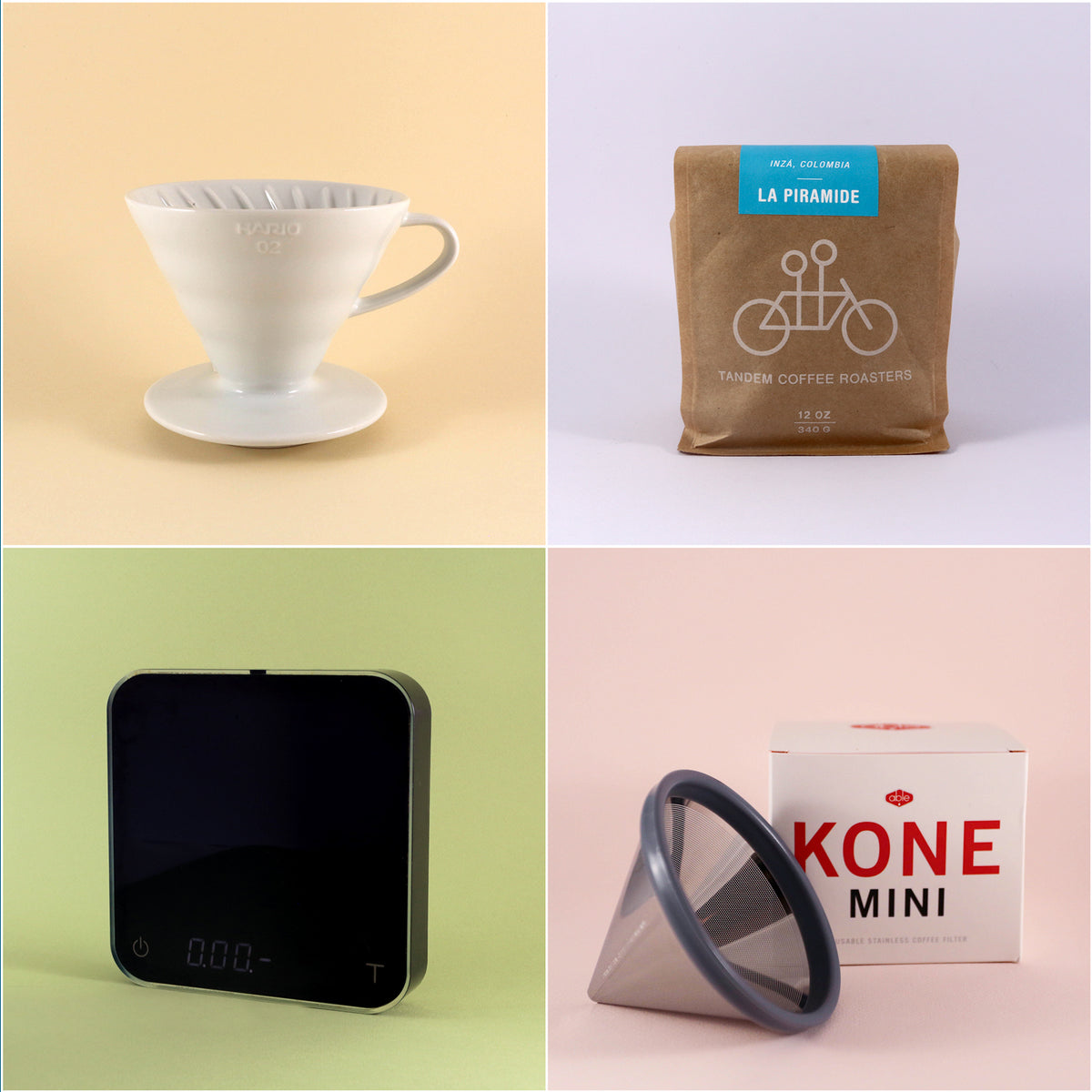 A collage of four images featuring consumer products: a white ceramic Tandem Coffee Roasters V60 Deluxe Kit coffee dripper, a bag of freshly roasted La Piramide coffee, a digital clock displaying "12:00," and