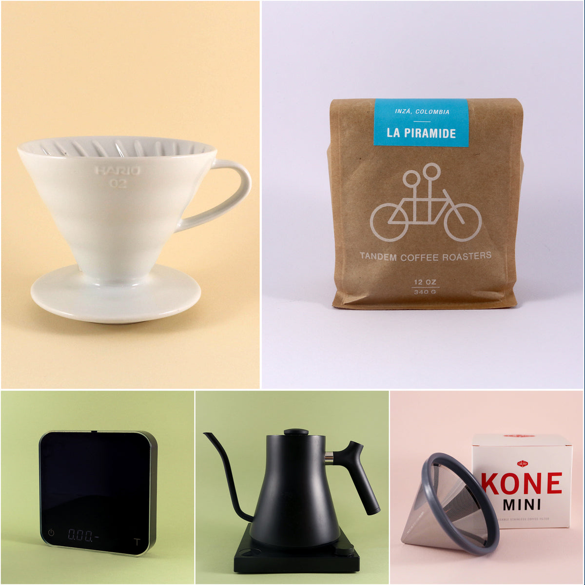 A collage of six coffee-related items including a white ceramic Tandem Coffee Roasters V60 Deluxe Kit, a bag of freshly roasted La Piramide coffee beans, a digital coffee scale, a black gooseneck kettle.