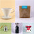 Collage of coffee-related items: top left, white ceramic Tandem Coffee Roasters V60 Starter Kit; top right, bag of freshly roasted La Piramide coffee; bottom left, silver gooseneck kettle; bottom