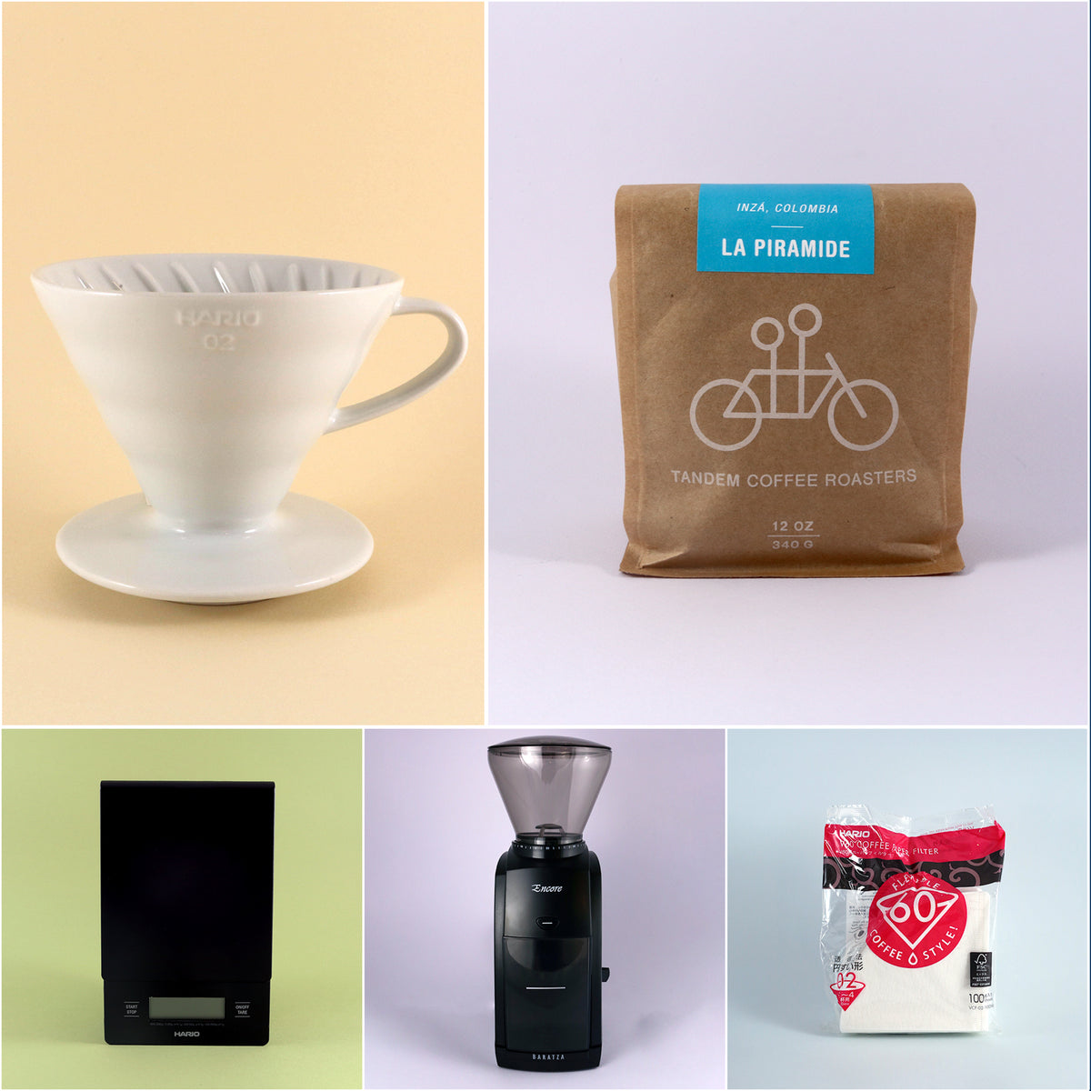 A collage of four images: top left features a white Tandem Coffee Roasters V60 Starter Kit on a saucer, top right shows a bag of freshly roasted La Piramide coffee beans, bottom left displays