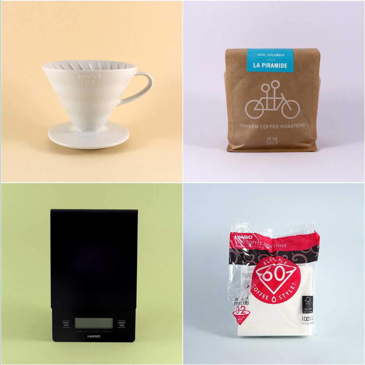 Four product images on colored backgrounds: top left, a white Tandem Coffee Roasters V60 Starter Kit; top right, a bag of freshly roasted La Piramide coffee beans; bottom left, a