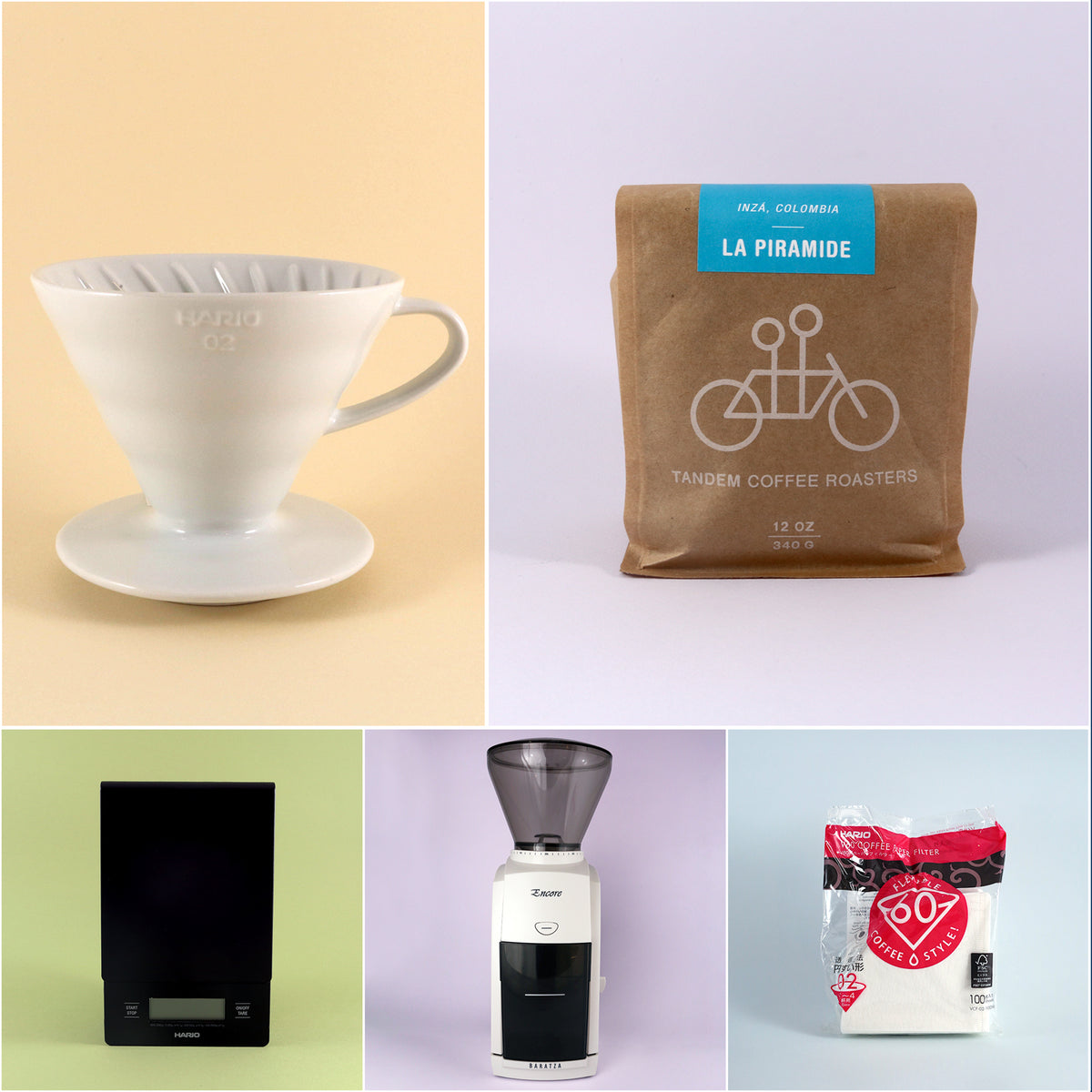 A collage of five images: a white ceramic Hario V60 Starter Kit, a bag of freshly roasted La Piramide coffee from Tandem Coffee Roasters, a black smart speaker, a white coffee grinder