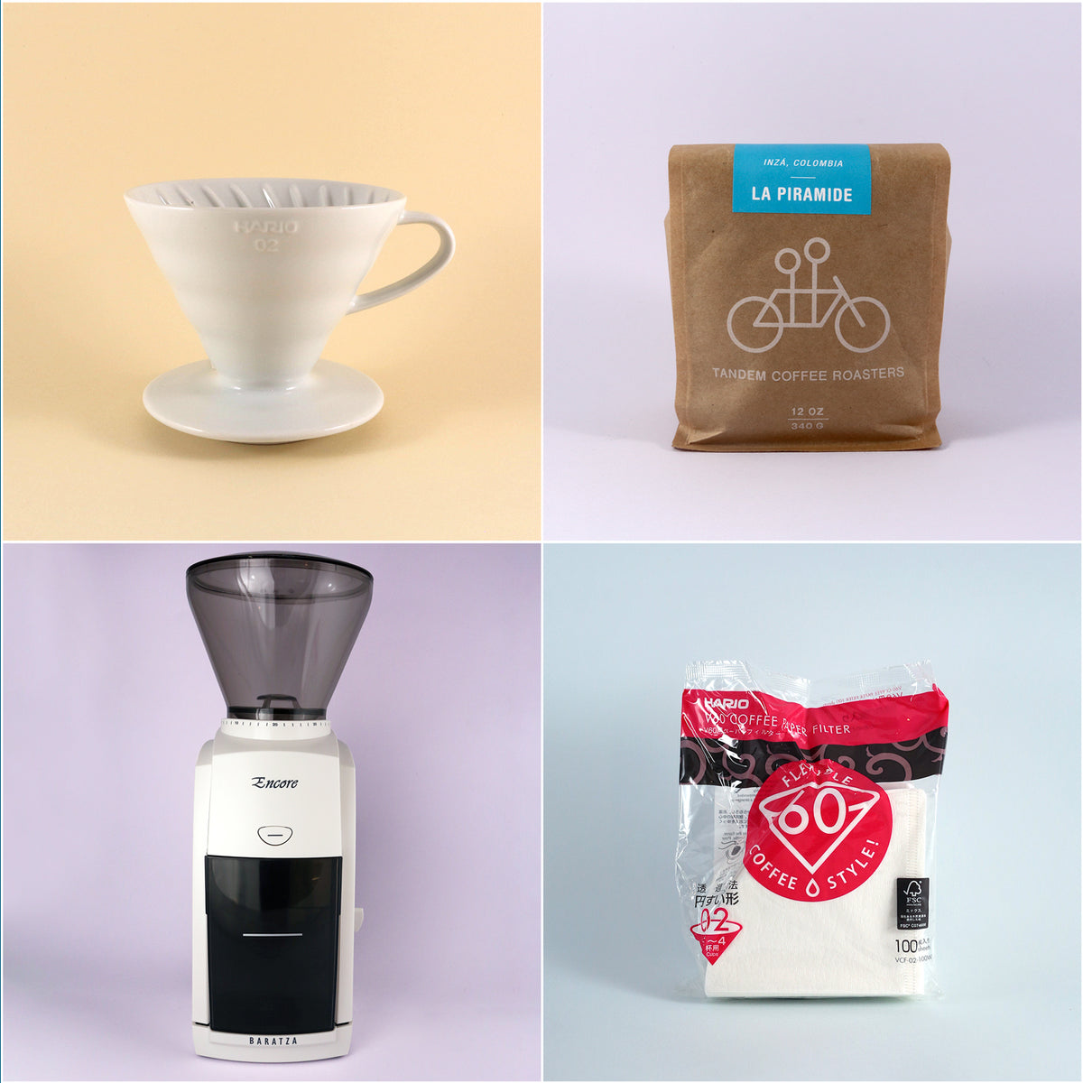 Four images displaying coffee products: top left, a white Tandem Coffee Roasters V60 Starter Kit coffee dripper; top right, a bag of freshly roasted La Piramide coffee beans; bottom left, a Baratza.