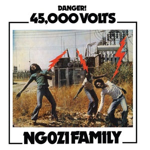 Album cover for "Ngozi Family - 45,000 Volts" by Tandem Coffee Roasters featuring an illustration of three people seemingly being struck by red lightning bolts in a grassy field. Bold text emphasizes the danger and voltage.