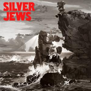 Album cover for Silver Jews - Lookout Mountain, Lookout Sea music album featuring a black and white surreal illustration of a human figure with an elephant head amidst stormy seas and rocky cliffs, with rays of light in the background.