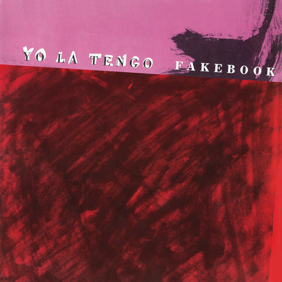 Album cover of Tandem Coffee Roasters' "Yo La Tengo - Fakebook," a covers record, featuring a bold red background with abstract, darker red patterns and black brush strokes across the top. The band and album names