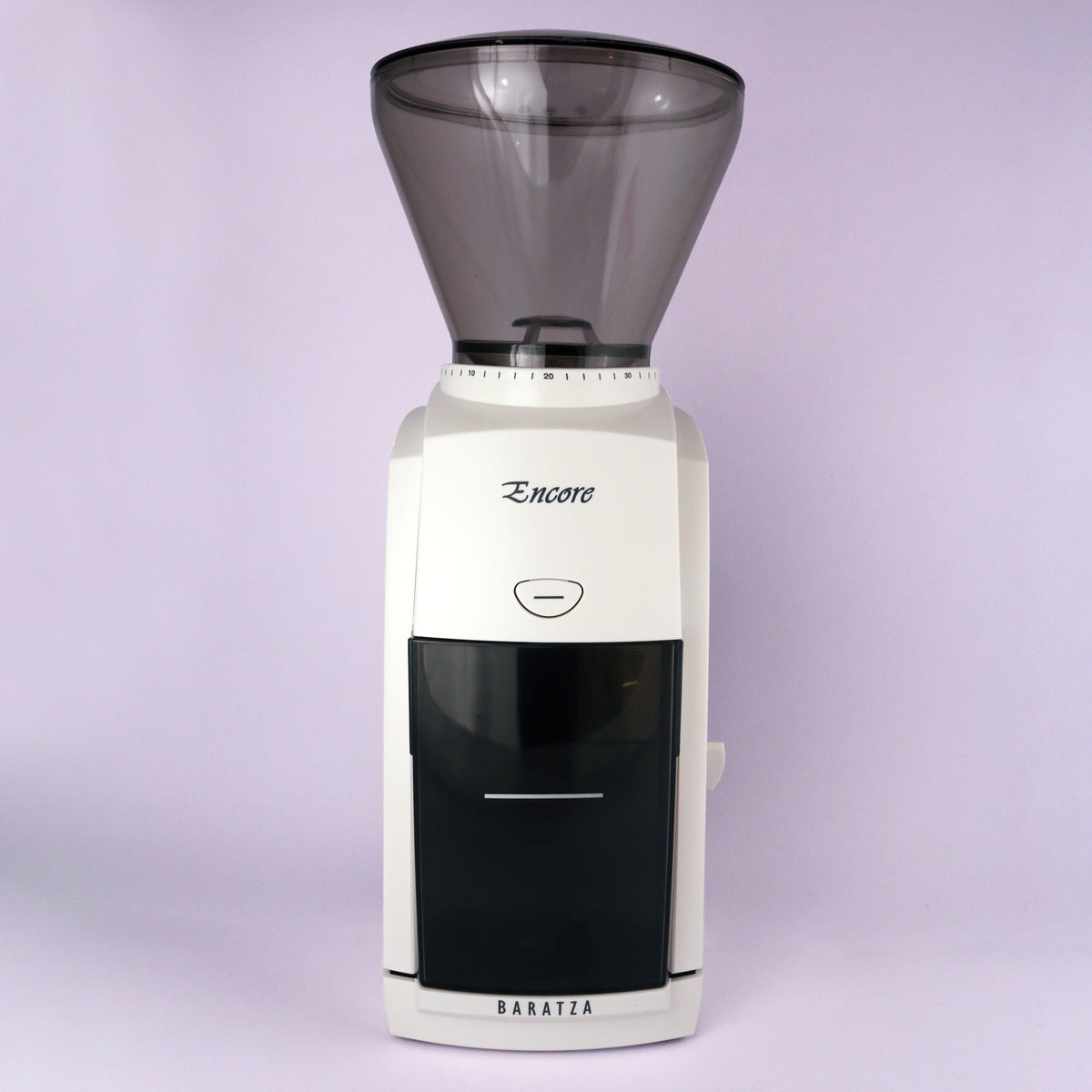 An electric Tandem Baratza Encore Coffee Grinder with a clear bean hopper on top and a black ground coffee bin below, against a light purple background.