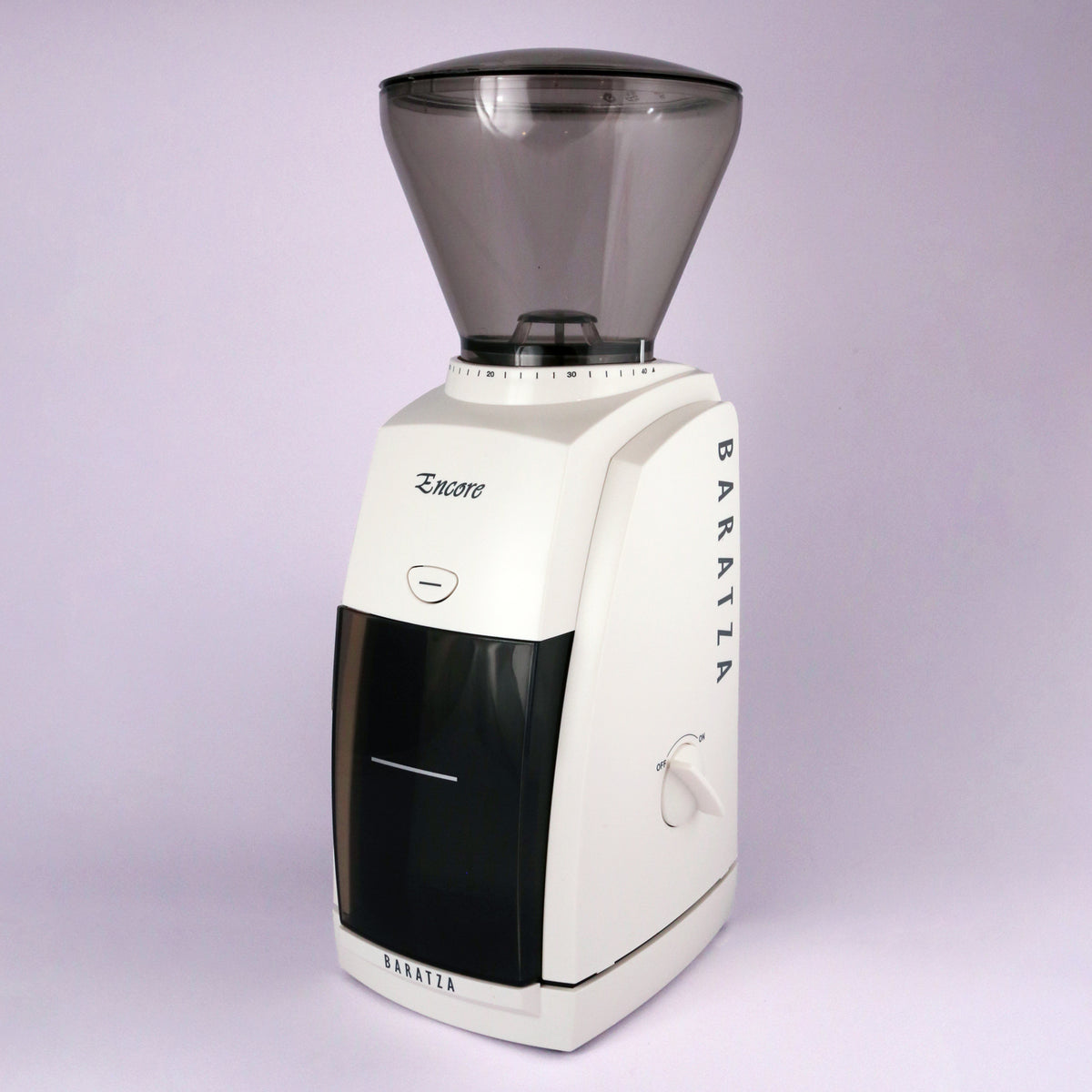 A Tandem Baratza Encore Coffee Grinder, white in color with a transparent bean hopper on top of increased capacity and a black grounds bin at the bottom.