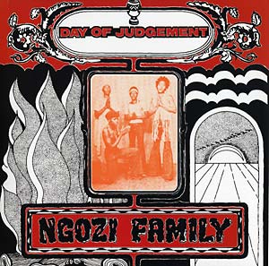 Album cover for Tandem Coffee Roasters' Ngozi Family - Day of Judgement featuring a stylized black, white, and red design with an image of the band members framed by ornamental graphics and flames.