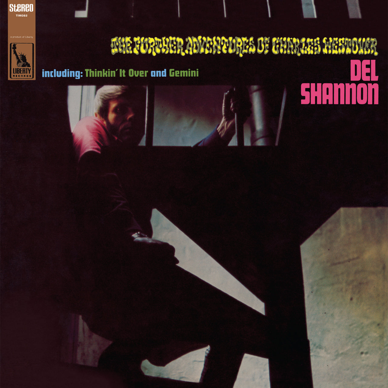 Album cover of "Del Shannon - Further Adventures of Charles Westover" by Tandem Coffee Roasters, showing him pensive in a shadowy room, with silver birch text detailing song titles against a dark background.