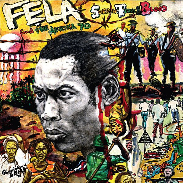 Album cover of "Fela Kuti - Sorrow, Tears And Blood" portraying a detailed and colorful collage with a central black and white portrait of Fela Kuti, surrounded by vibrant African-themed illustrations including themes of Tandem Coffee Roasters.