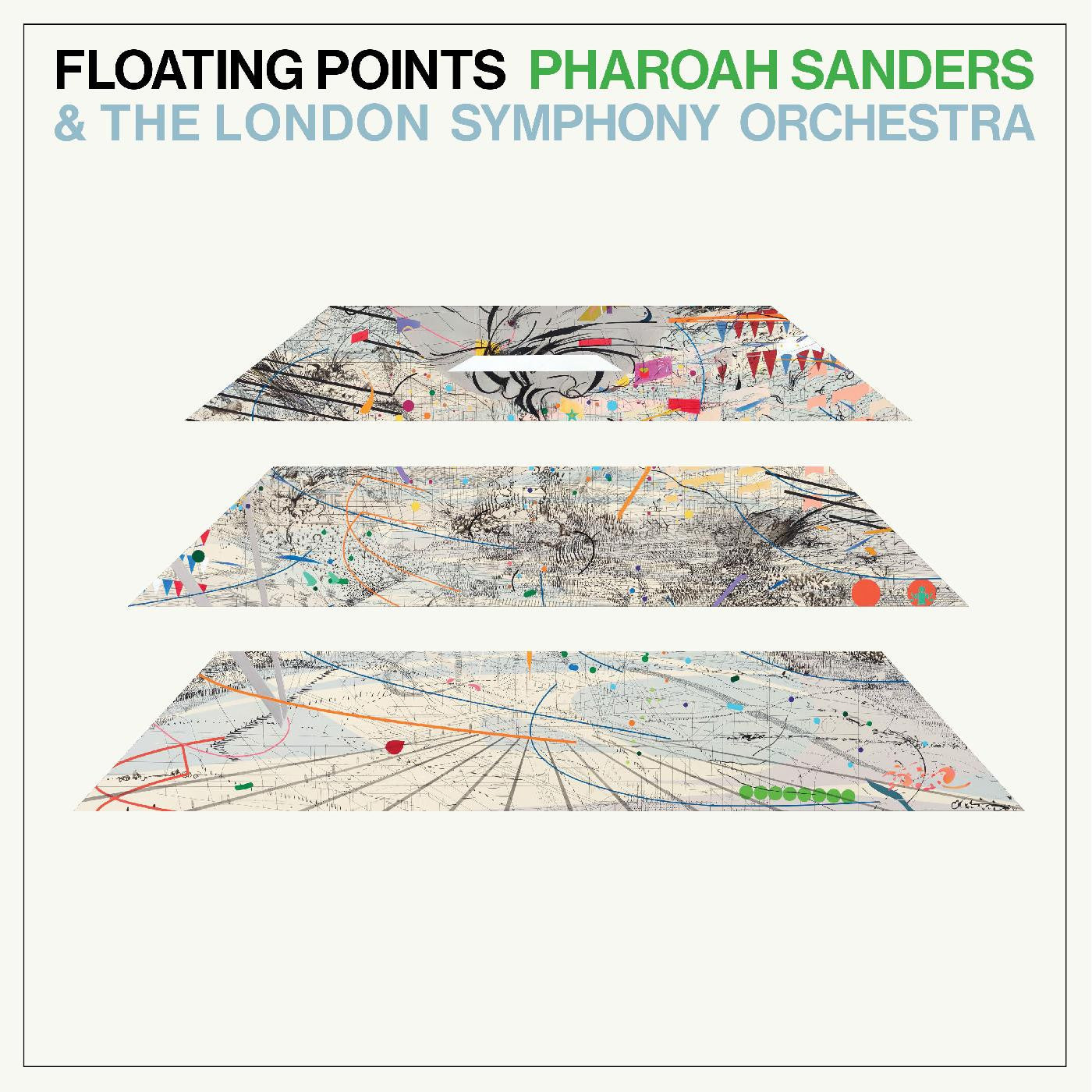 Promotional poster for the album "Floating Points, Pharoah Sanders & The London Symphony Orchestra - Promises" by Tandem Coffee Roasters, featuring three abstract art panels with chaotic lines and colorful dots.