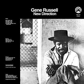 Album cover of "Tandem Coffee Roasters - New Direction" by Gene Russell, featuring a black and white photo of a man in a top hat sitting and leaning against a wall, alongside the tracklist and Black Jazz label logo