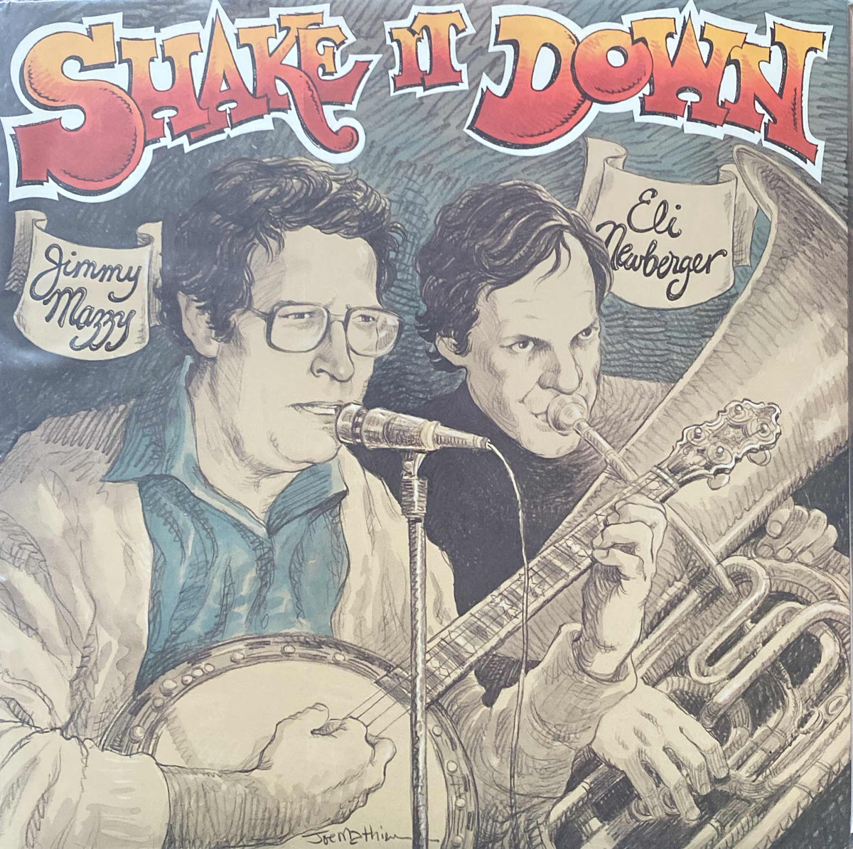 Illustration of an album cover titled "Jimmy Mazzy and Eli Newberger - Shake It Down" featuring two musicians, one playing a jazz banjo and the other a tuba. The design has a vintage comic style, and colors are.