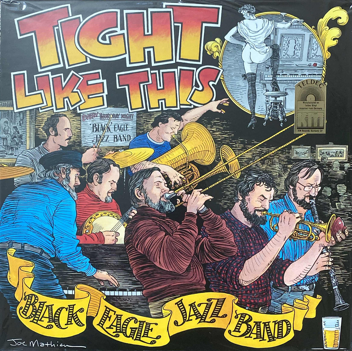 Colorful poster of the Black Eagle Jazz Band - Tight Like This, particularly the black eagle jazz band performing live with a dynamic illustration featuring musicians playing trombone, trumpet, and drums, complemented by vibrant text and whimsical background from Tandem Coffee Roasters.