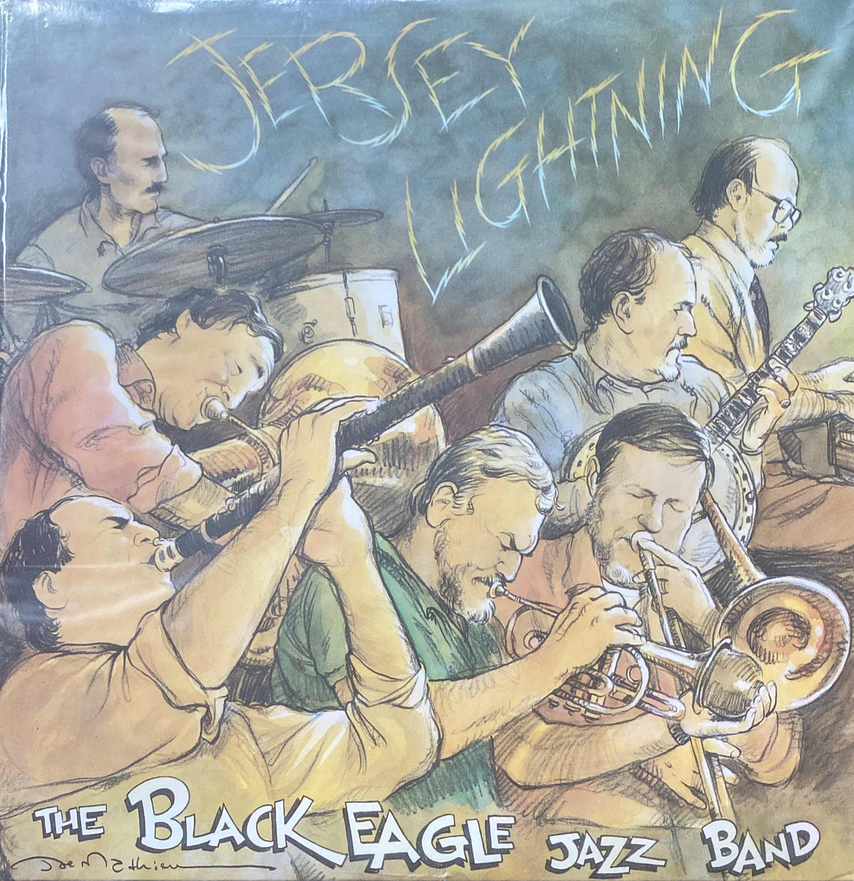 Illustration of the Black Eagle Jazz Band - Jersey Lightning, named "Tandem Coffee Roasters," featuring seven band members playing various instruments including drums, saxophone, trumpet, and guitar. Vibrant, artistic style with warm color palette.