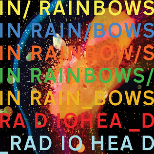 Colorful abstract art background overlaid with the repeating text "Radiohead - In Rainbows" and "Tandem Coffee Roasters" in bold, fragmented typography.