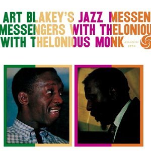 The album cover of *Art Blakey's Jazz Messengers with Thelonious Monk - 180g Vinyl* by Tandem Coffee Roasters features two side-by-side portraits, one of Art Blakey and one of Thelonious Monk, framed by vibrant borders. The jazz album title is prominently displayed at the top in bold, colorful text. Johnny Griffin's masterful touch notably graces this iconic release.
