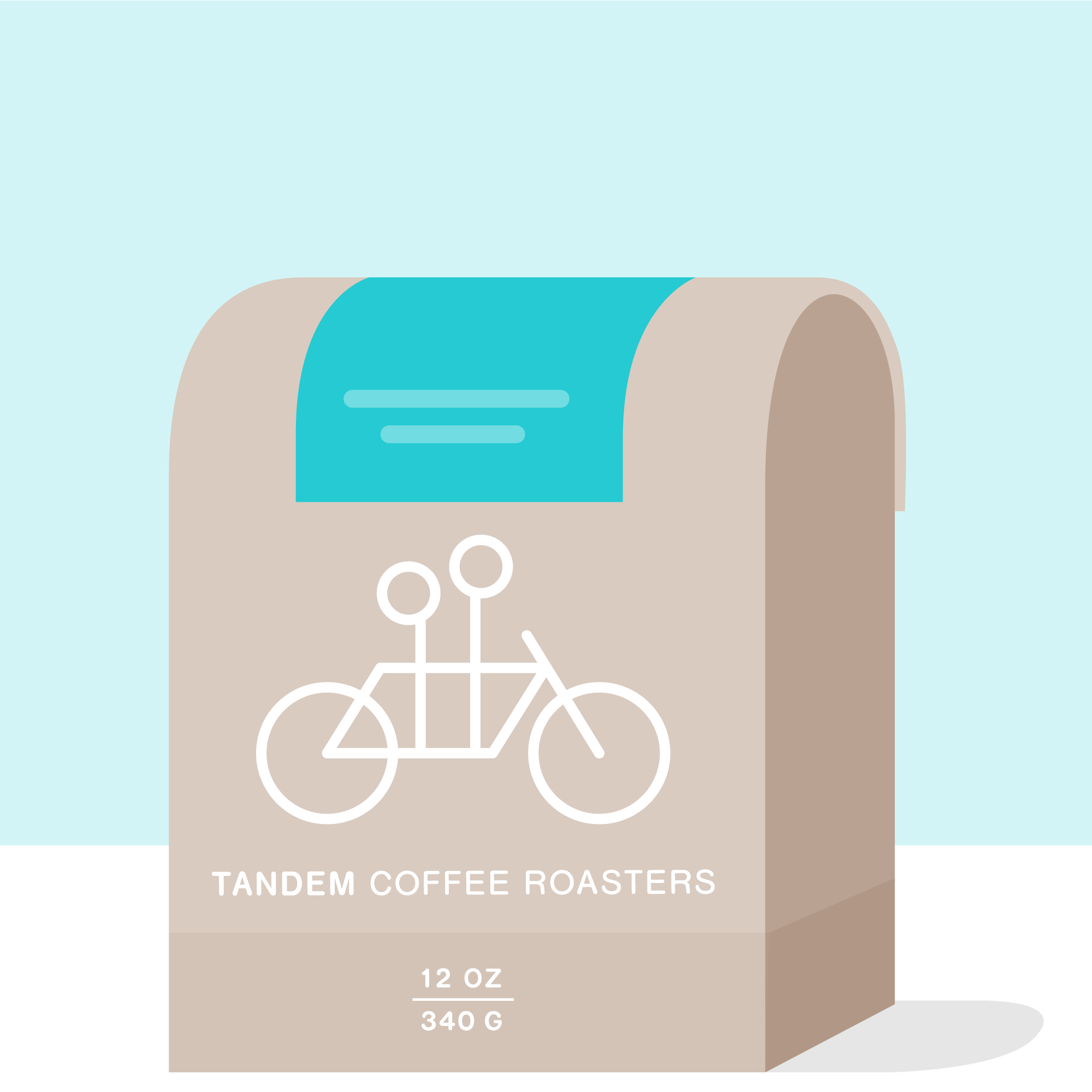 A flat design illustration of a beige La Piramide - Colombia coffee bag with the logo of "Tandem Coffee Roasters" and an image of a tandem bicycle, against a turquoise background.