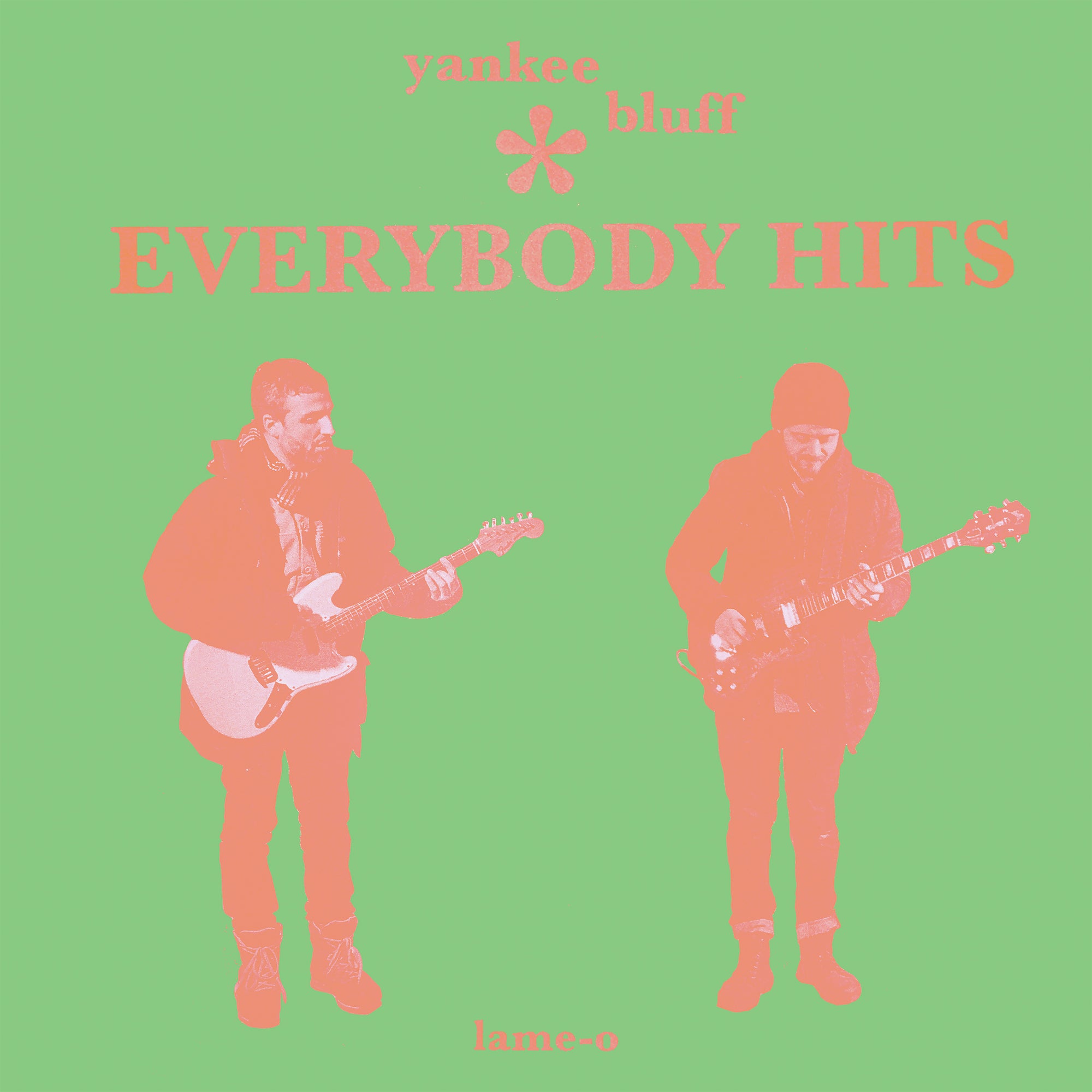 Two musicians, one playing an acoustic guitar and the other an electric guitar, are depicted in silhouette against a green background with the text "Yankee Bluff - Everybody Hits" above them. This indie jam is by Tandem Coffee Roasters.