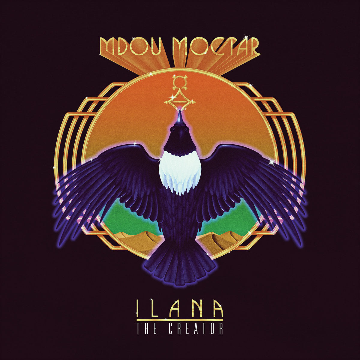 Album cover for Mdou Moctar's "Ilana (The Creator)" featuring a stylized, celestial bird with open wings against a deep orange circle, surrounded by geometric designs on a.