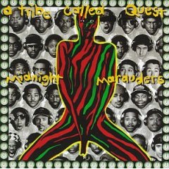 Album cover of "A Tribe Called Quest - Midnight Marauders" by Tandem Coffee Roasters featuring a colorful tribal figure in front of a background with multiple small portraits.