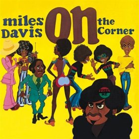 Cover art for Tandem Coffee Roasters' jazz album "Miles Davis - On the Corner" featuring cartoon-style illustrations of diverse, funky characters in urban outfits set against a bright yellow background.